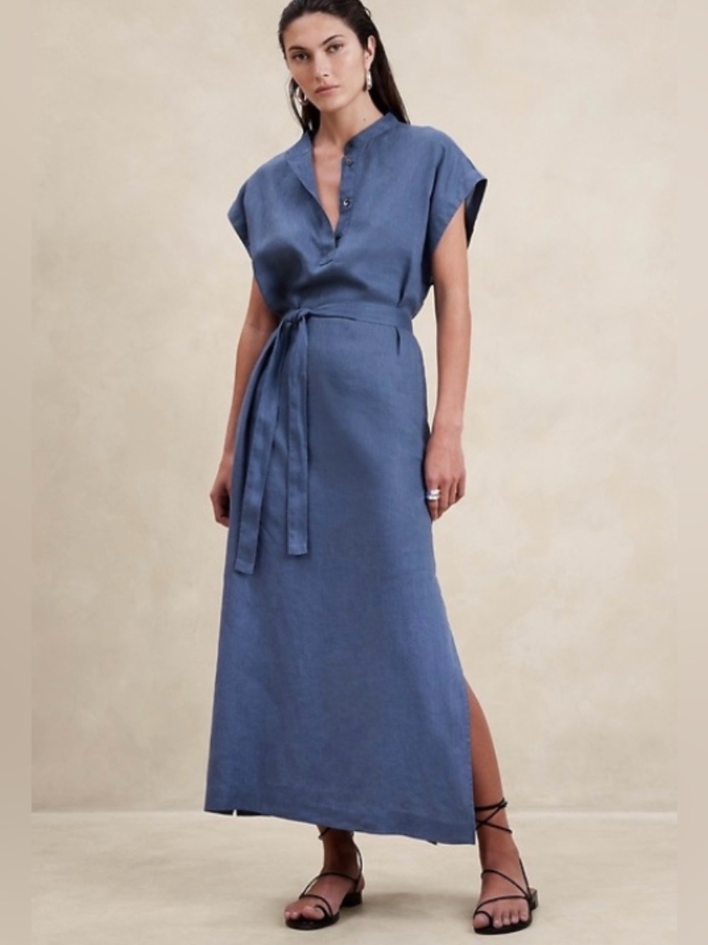 Banana Republic SP Linen Kaftan Dress Maxi Side Slits Waist Tie Indigo Blue